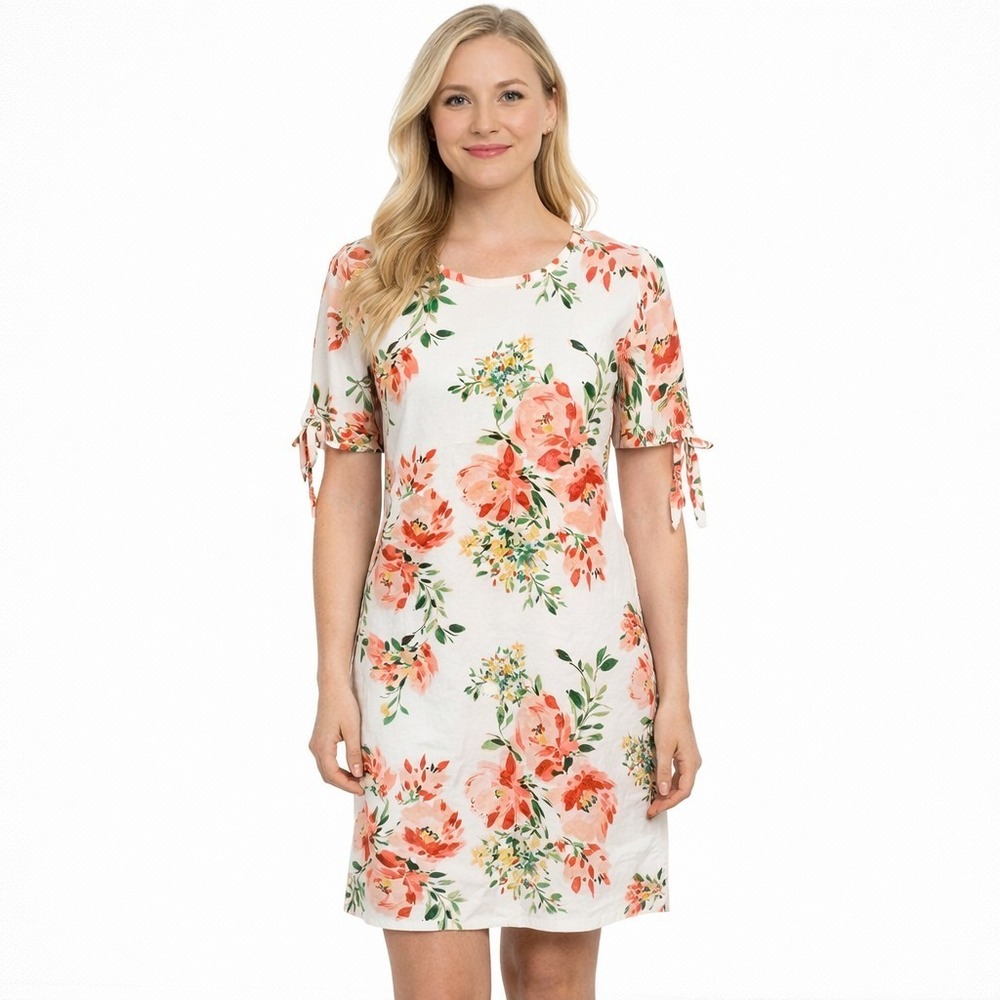 CHLOE + RENE Size Small Linen Rayon Blend Floral‎ Tie Sleeve Spring Summer Dress
